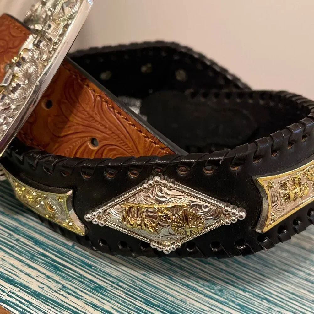 Praying Cowboy Vintage 2-Toned Hand-tooled Large Buckle Men’s Western/Cowboy Bel